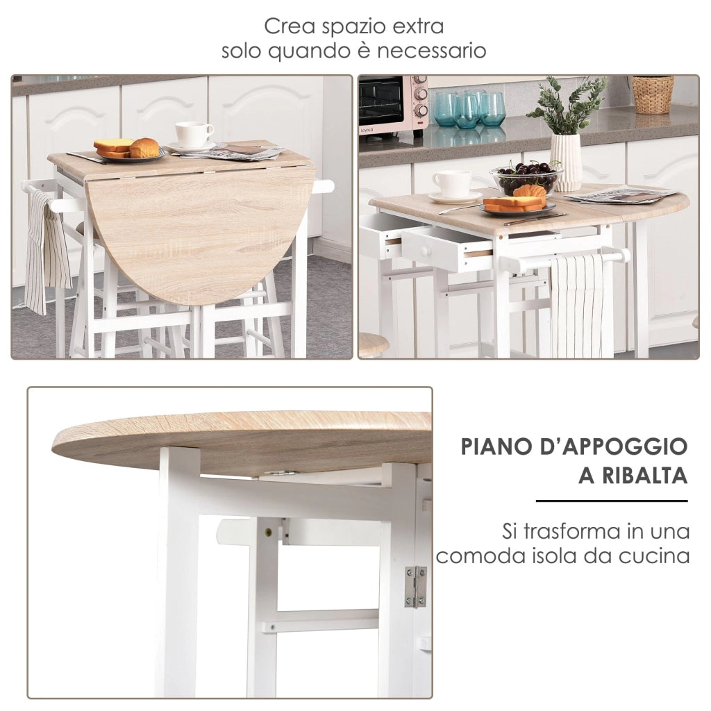 Carrello da Cucina Pieghevole con 2 Sgabelli in MDF  Bianco