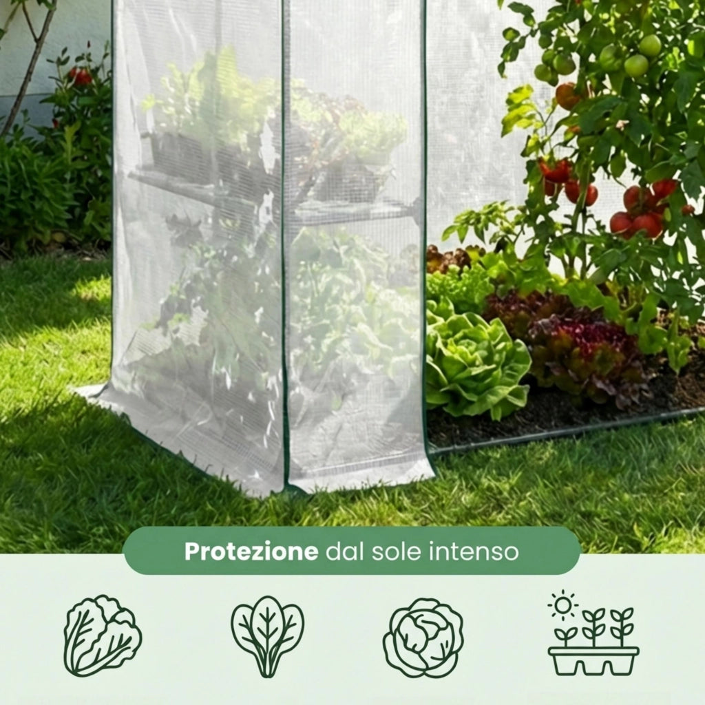 Mini serra da giardino a casetta con struttura in metallo e telo in PE con ripiani 1 porta Bianco 143x73x195 cm