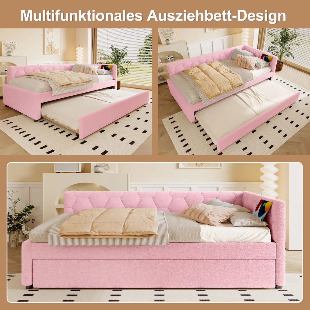 LETTO 90x200 cm in Bouclé Rosa con letto estraibile, USB e Tipo-C