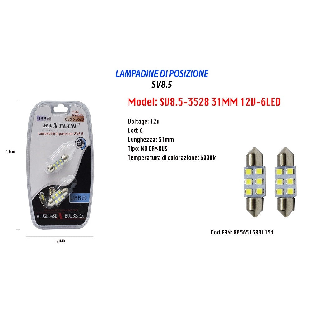 Trade Shop - Lampadine Posizione Maxtech Sv8.5-3528 31mm 12v 6led Lampadine Ultra Luminose 6000k -