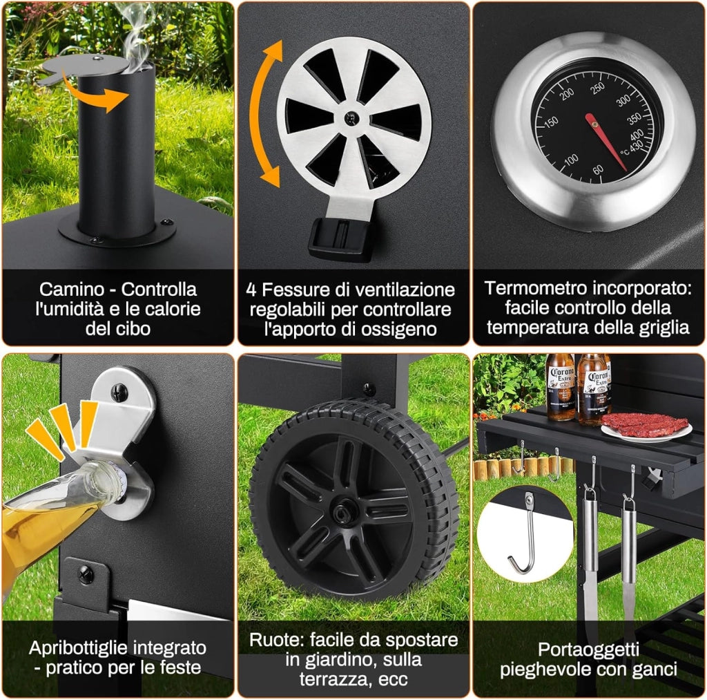 Barbecue a Carbonella XXL, Griglia per Barbecue con Camino e Coperchio, con Termometro e 2PCS Ruotes, Altezza Regolabile, Grande BBQ Smoker per Giardino, Campeggio