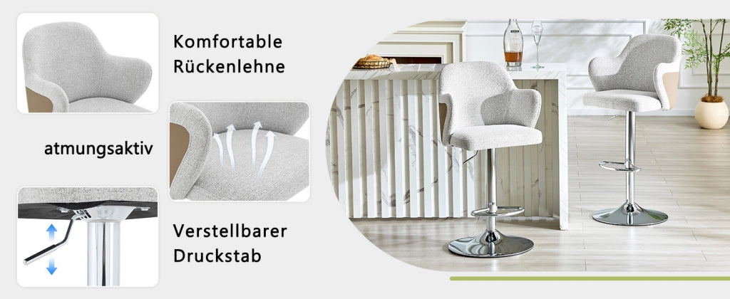 Set di 2 sgabelli da bar regolabili in altezza, girevoli a 360°, imbottiti, grigio/marrone