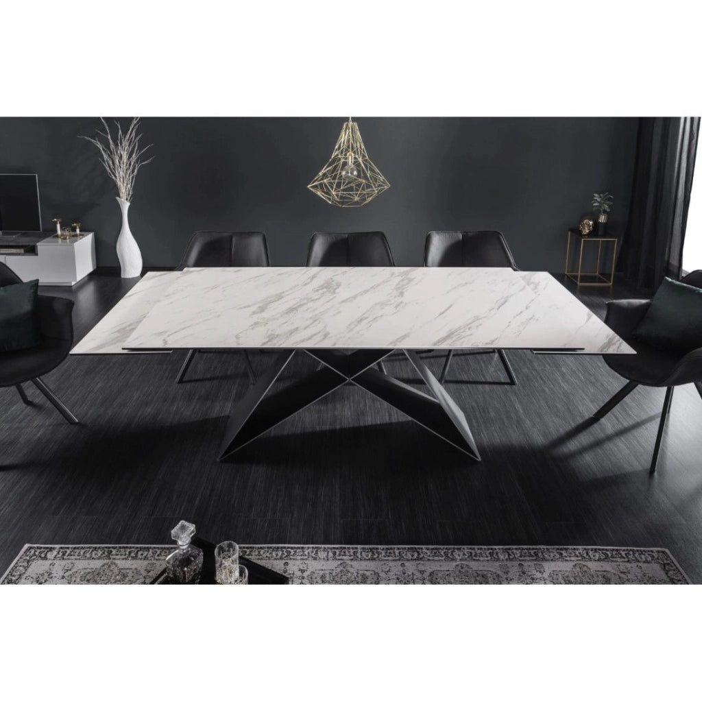 Tavolo da pranzo ATARA 180–260 cm – Piano in ceramica effetto marmo bianco e metallo nero