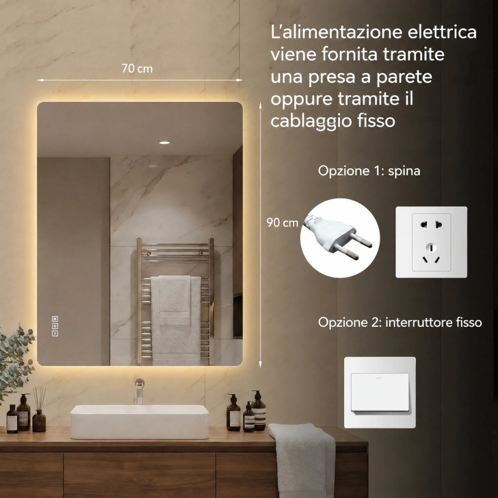 Specchio bagno led 70x90 specchio retroilluminato senza cornice; dimmerabile; antiappannamento; argento