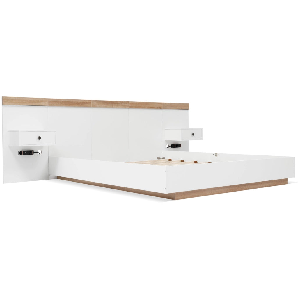 Letto matrimoniale ULEVR 160x200 cm con 2 comodini LED, USB, USB-C e prese UE, Sonoma rovere e bianco