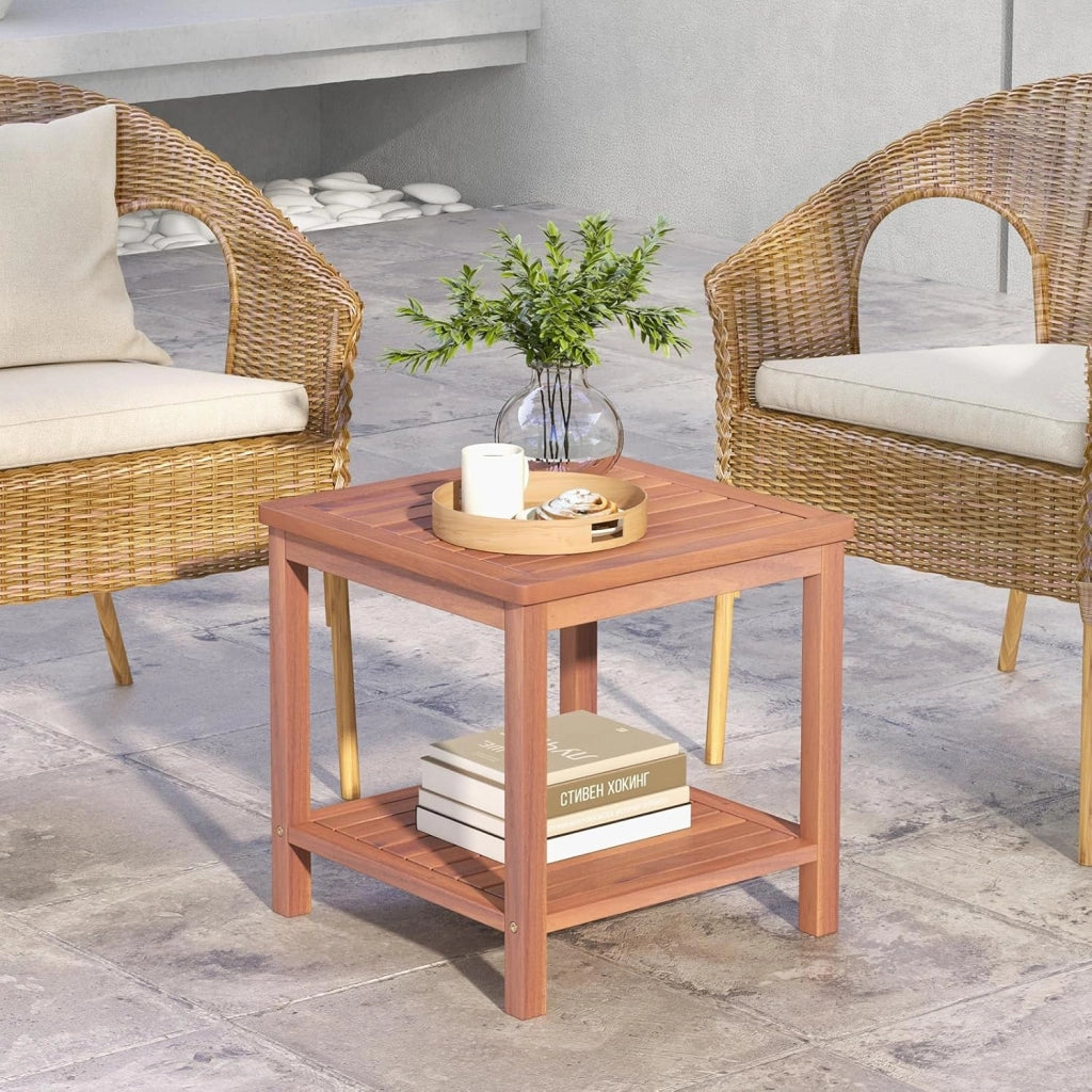 Tavolino ausiliario in legno di acacia per giardino, comodino rettangolare con ripiano aperto inferiore, 45 x 45 x 45 x 45 cm, motivo a lamelle, per soggiorno, terrazza, balcone