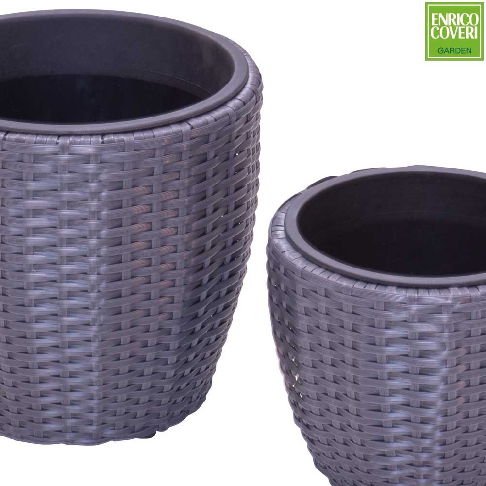 Set 2 CASPO' Vasi Portapiante Intreccio in Polyrattan per Esterno Colore Grigio