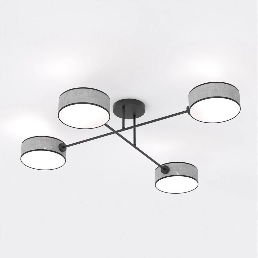 Lampada a sospensione Maga a quattro luci in metallo nero e tessuto grigio