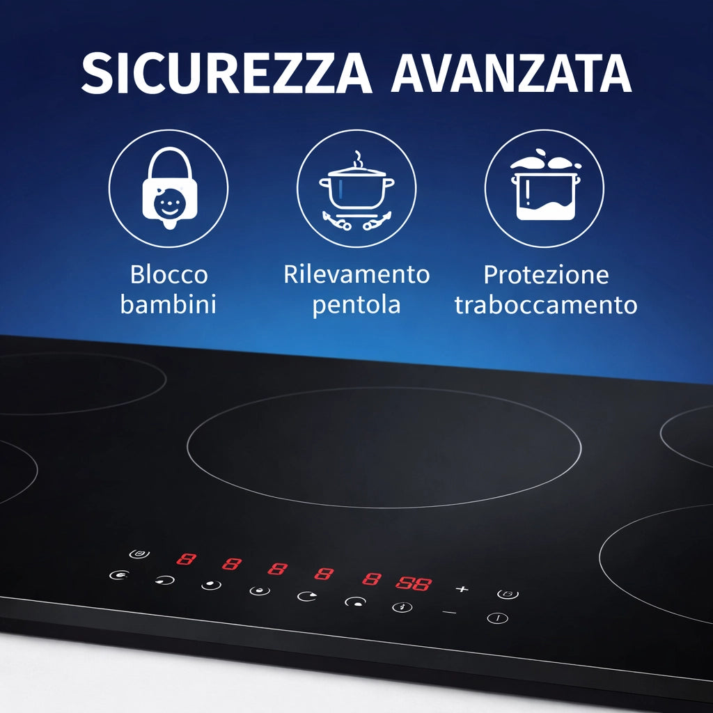 Piano Cottura Induzione 77cm 5 Fuochi Vetro Nero Touch 9 Livelli Power Boost