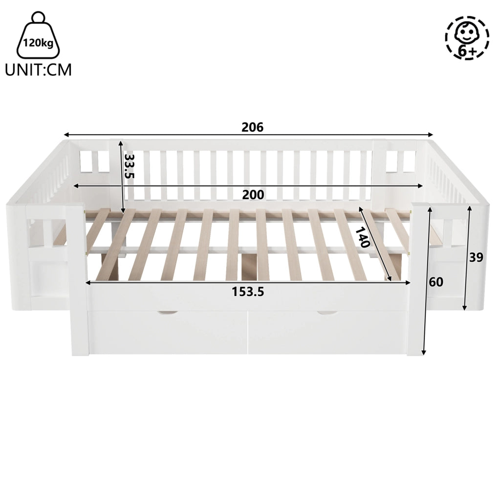 Letto a piattaforma 140x200 cm con protezione alta e due ampi cassetti, bianco