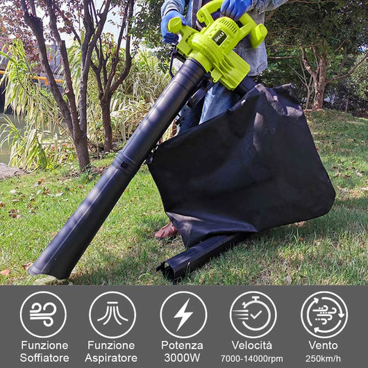 Aspiratore per foglie Trituratore e Soffiatore Elettrico 3000W Aspirafoglie 3in1