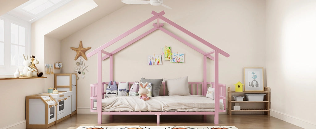 Letto per bambini 90 × 200 cm con barriera di sicurezza e tetto, senza materasso, in metallo, rosa