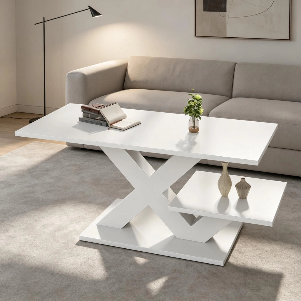 Tavolino da salotto rettangolare bianco lucido 100 x 48 x 45 cm, in MDF, struttura a X, portata fino a 10 kg