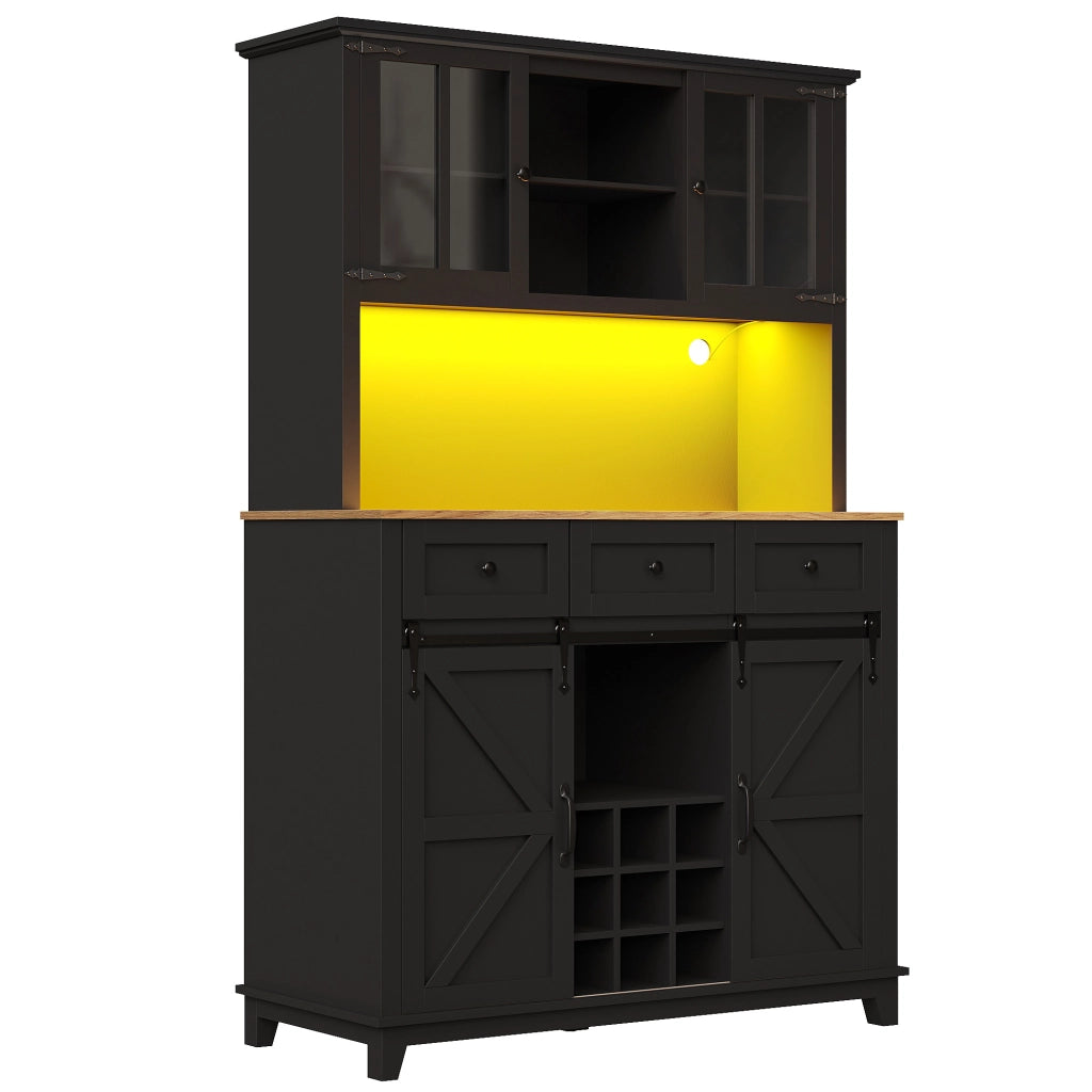 Credenza alta da cucina con ante in vetro, LED e ripiani regolabili, mobile contenitore in MDF nero, 105 × 38,4 × 180 cm