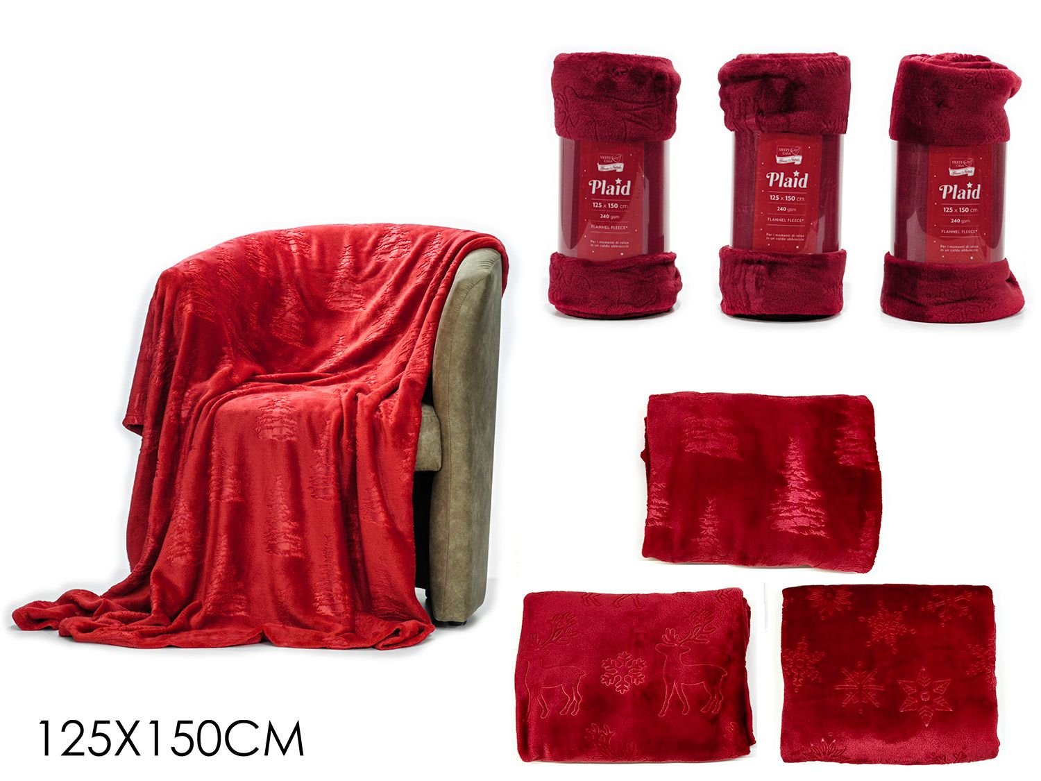 PLAID NATALIZIO 125x150 ROSSO CON RICAMI IN RILIEVO ASSORTITI