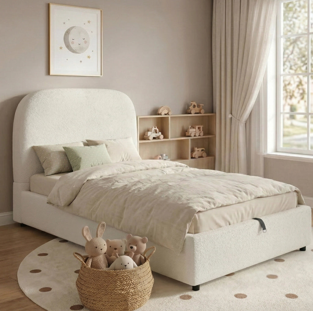 Letto per bambini 90x200 cm con contenitore idraulico; tessuto bouclé beige