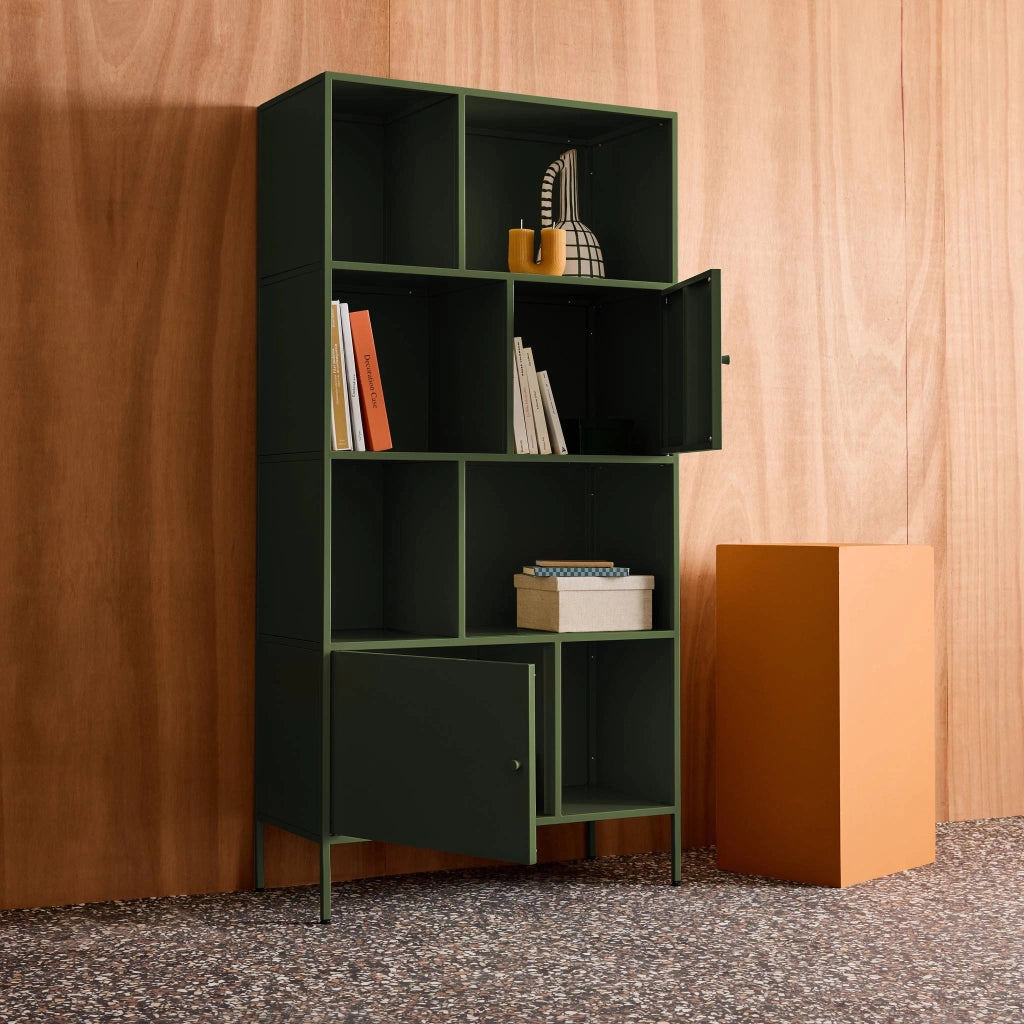 Credenza industriale in metallo con 8 scomparti, verde