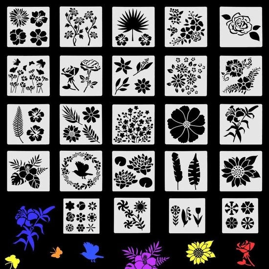 24 stencilli di fiori - stencilli per dipinti di fiori selvatici stencil di foglia riciclabile stencil di dipinto di rosa e girasole stencil DIY per dipinti su legno artigianato