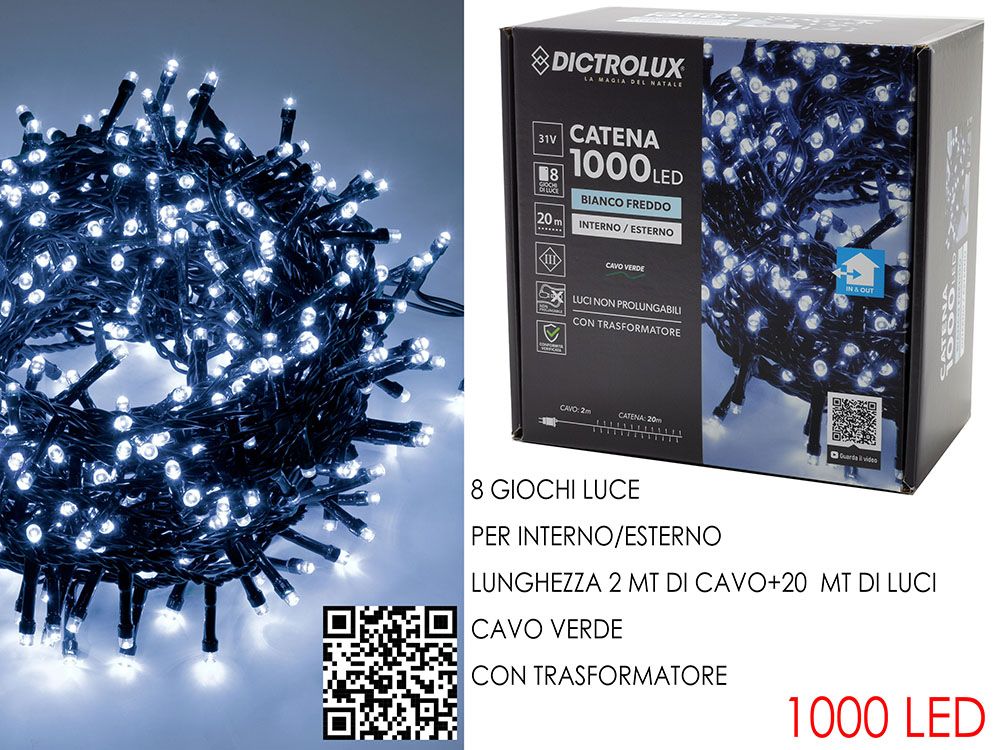 GHIRLANDA 1000 LUCI LED PER INTERNO E ESTERNO LED: BIANCO GHIACCIO