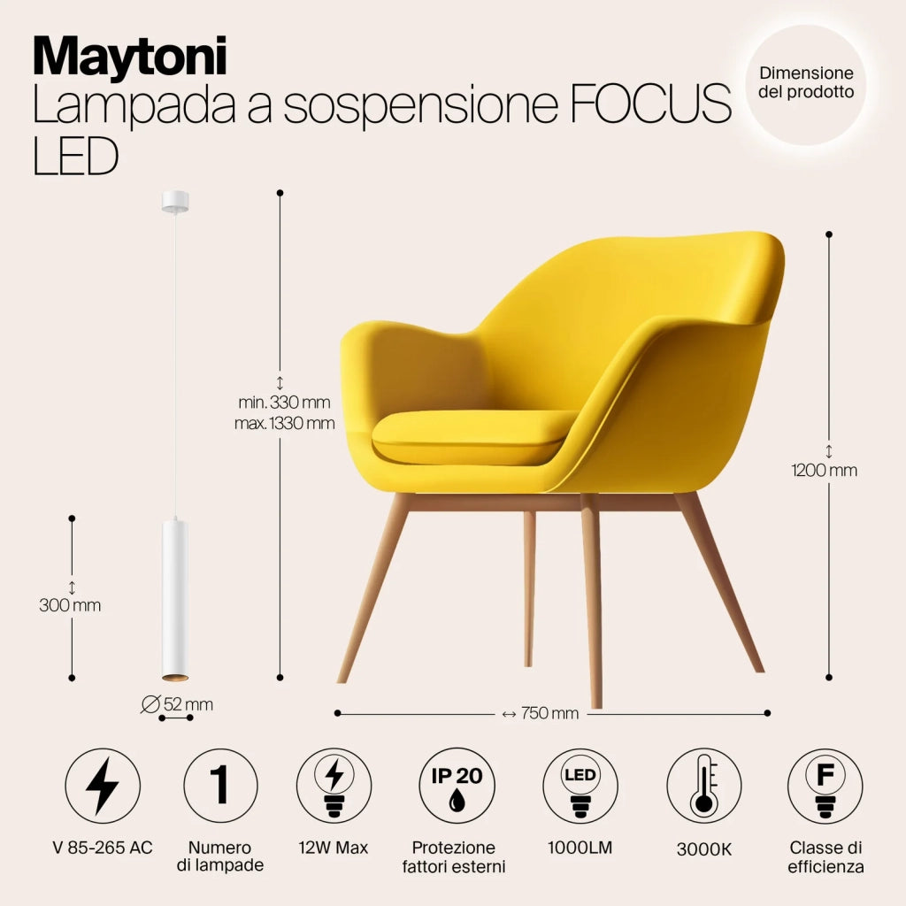 Maytoni Sospensione moderna Focus LED 1 luce LED integrato bianco alluminio