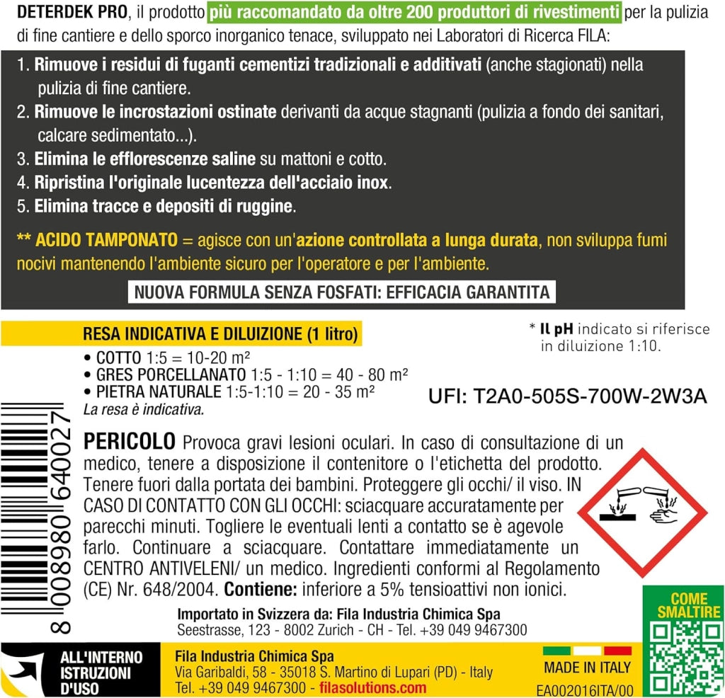 Fila Deterdek Pro Lt.1 Detergente Acido Per Rimozione Incrostazioni