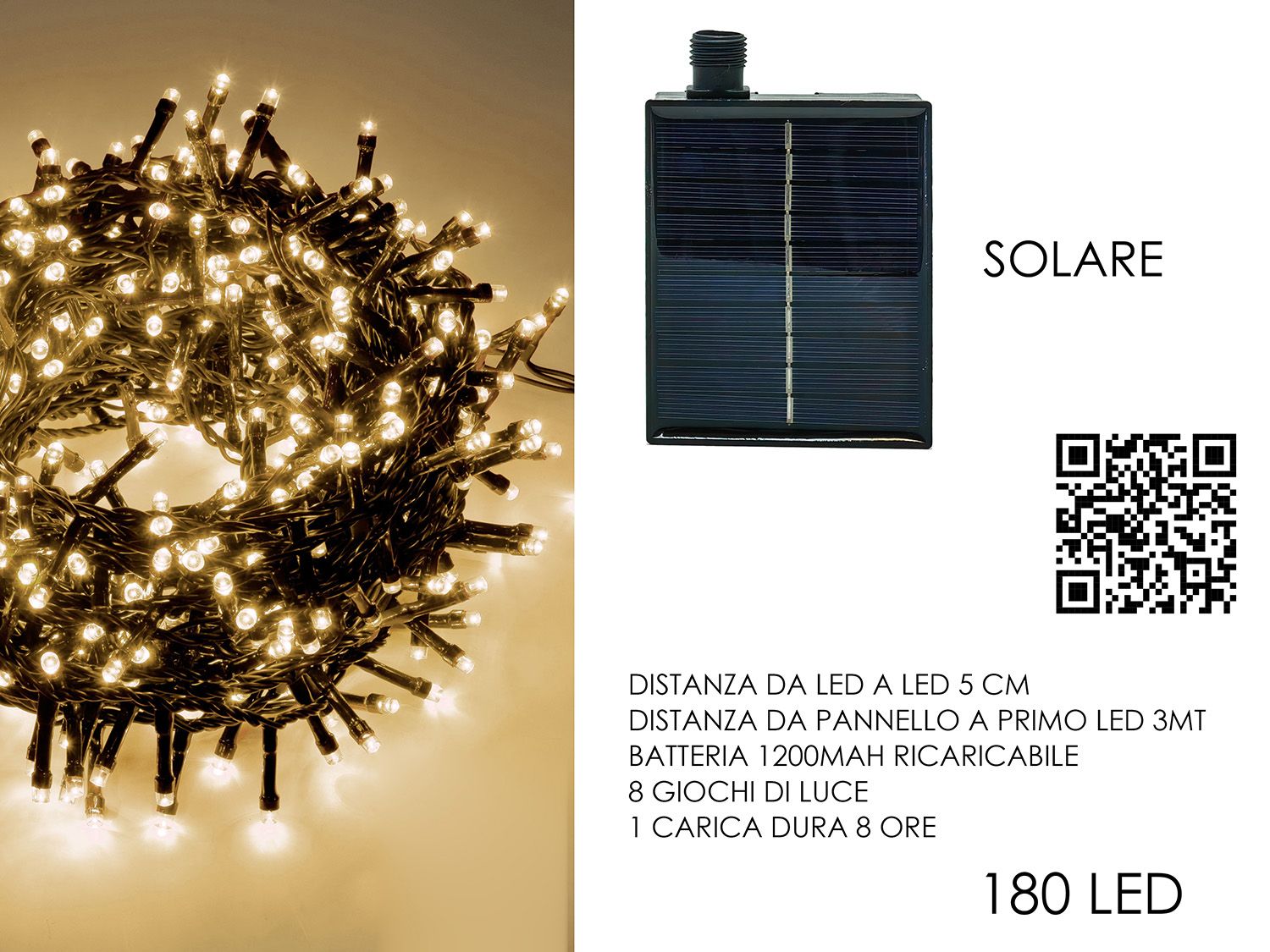 GHIRLANDA 180 LED SOLARI USO INTERNO ED ESTERNO LED: BIANCO CALDO