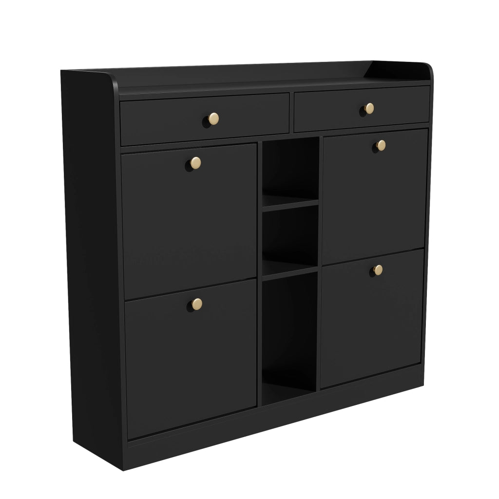 Mobile Scarpiera con 4 Ante a Ribalta; 2 Cassetti e 3 Vani a Giorno; Stile Minimalista; in Pannello truciolare; Nero; 110×26×100 cm