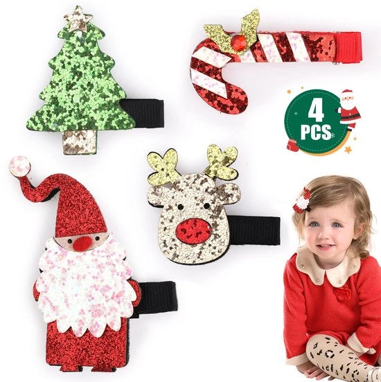 Set di spille per capelli a tema natalizio 4 pezzi, accessori per capelli con glitter a tema natale, spille per capelli in forma di corno/abete/spilla per capelli in forma di Babbo Natale, accessori per capelli e decorazioni natalizie per bambini