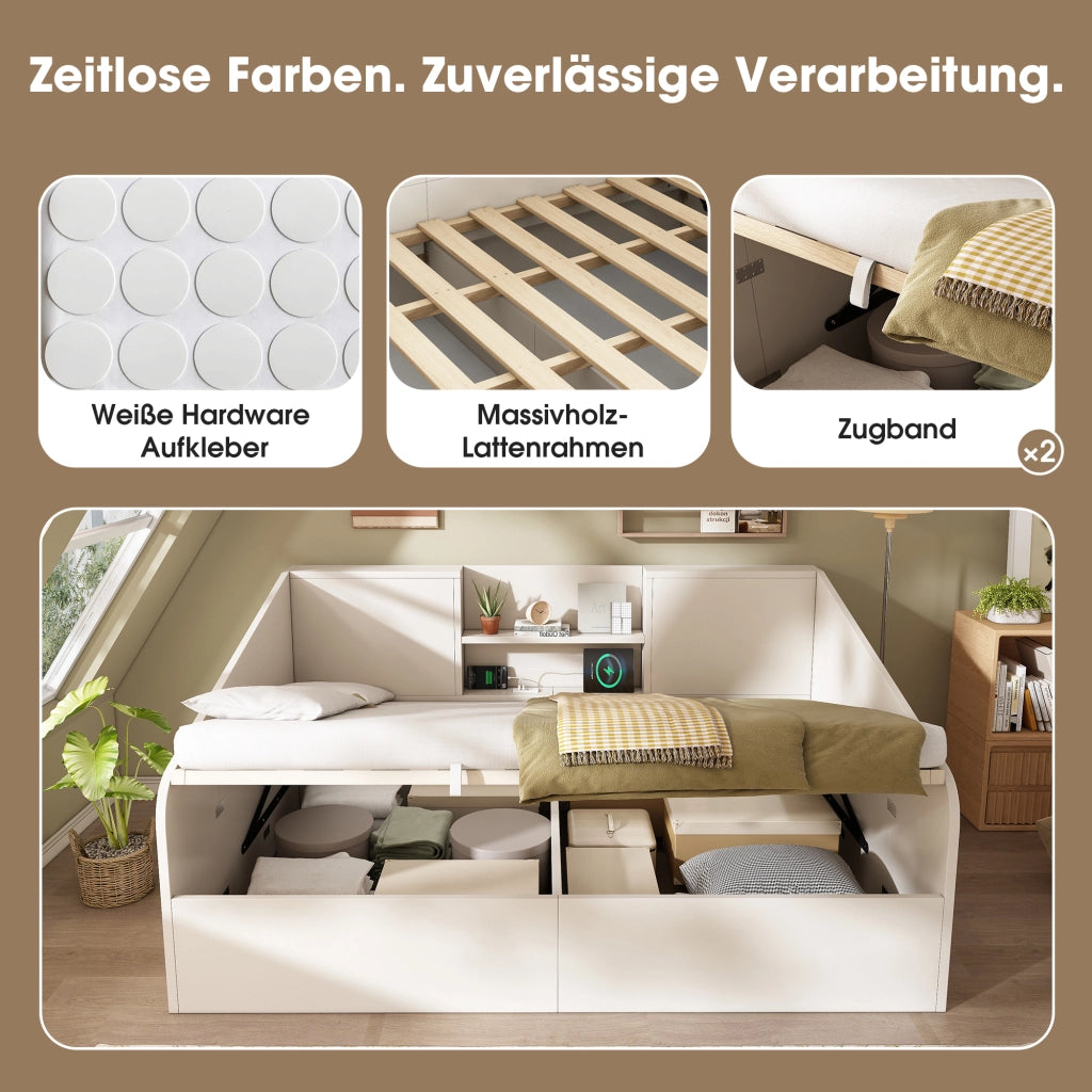 DESMIU Divano letto 140 × 190 cm 2 posti con 2 ripiani, USB, Type-C, senza materasso, in legno, bianco