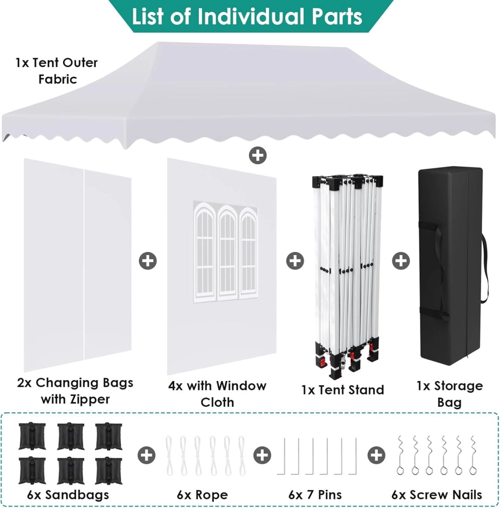 Gazebo 3x6 Pieghevole Impermeabile Con 6 Pareti Laterali - Tenda Protezione UV 50+ - 12 Chiodi Rettificati e 6 Corde - Per Esterno, Giardino, Campeggio, Matrimoni - Bianco