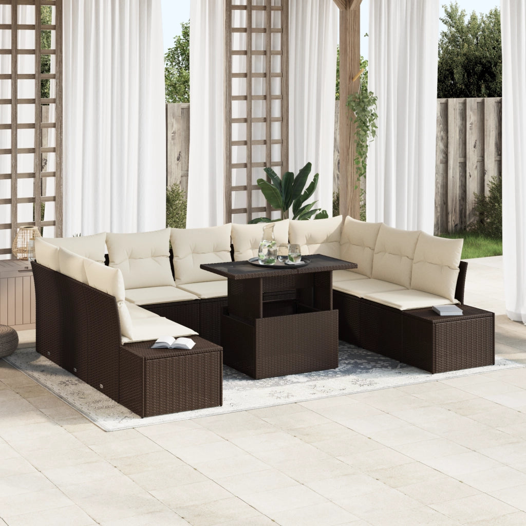 Set da Giardino in 10 Pezzi con Cuscini Marrone in Polyrattan