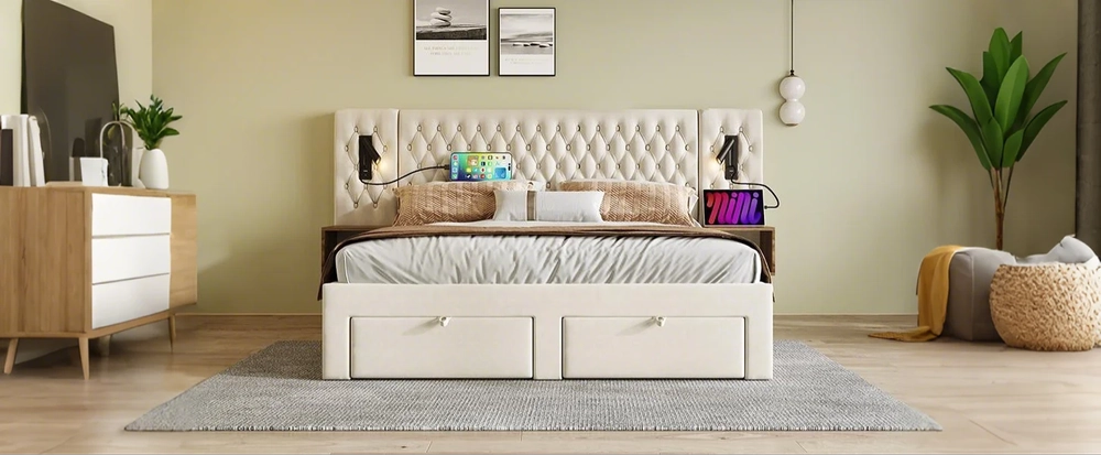 Letto matrimoniale imbottito con 2 comodini e 4 cassetti ¨C Minimal ¨C 180x200cm velluto beige testiera con led e USB