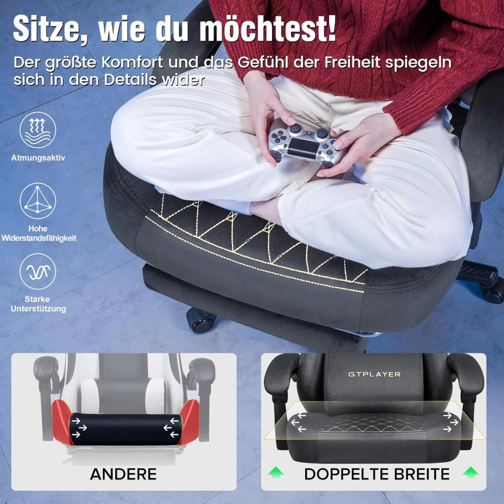 Sedia da gaming, in tessuto, ergonomica, per ufficio, in PC, portata 150 kg, regolabile e girevole, con cuscino a molla e poggiapiedi, grigio