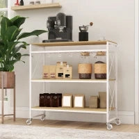 Carrello Portavivande a 4 Livelli con Portabottiglie e 5 Ganci Rimovibili, in Legno e Metallo, 96.5x38x96.7 cm