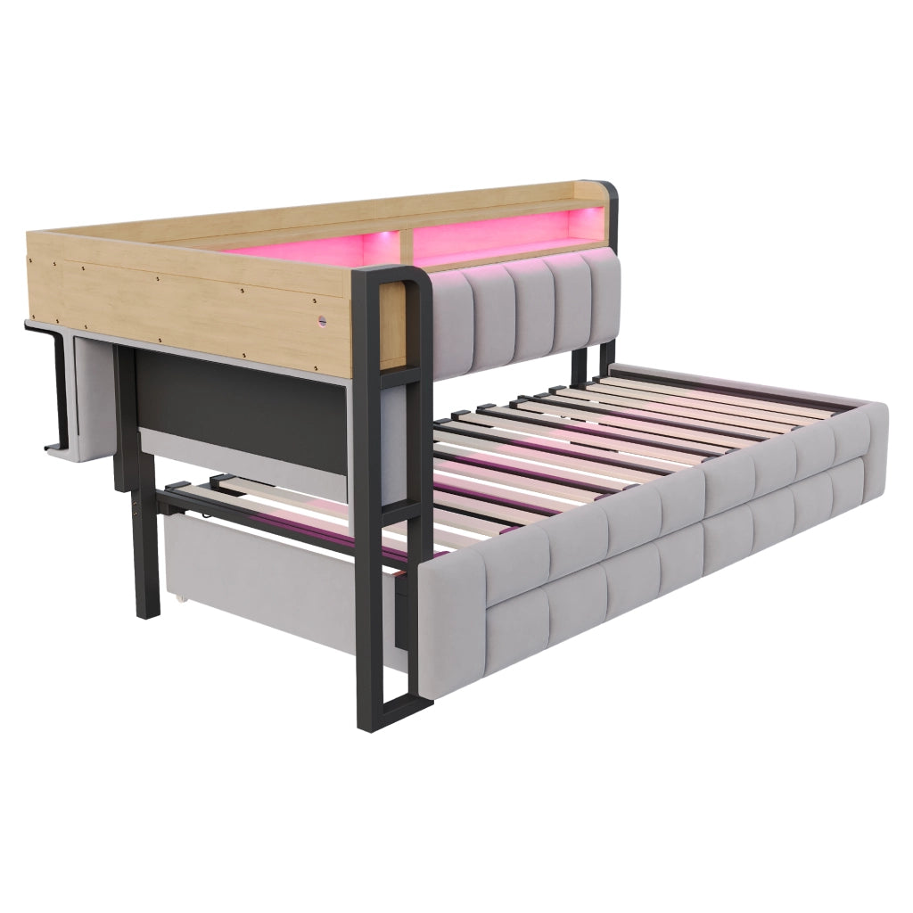 Letto divano 90 × 200 cm estensibile a 180 × 200 cm con cassetti, ripiani, LED, USB e Type-C, senza materasso