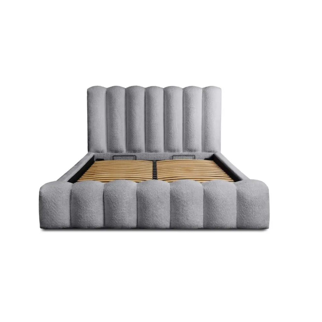 Letto con contenitore BADJA – Tessuto bouclé Perla d'alba – 140x200 cm – Rete sollevabile – Design di alta gamma