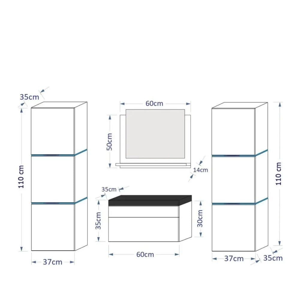 Set di mobili da bagno nero, collezione OWL. 2 colonne, mobile sotto lavabo, lavabo 60cm, specchio, sifone e led.