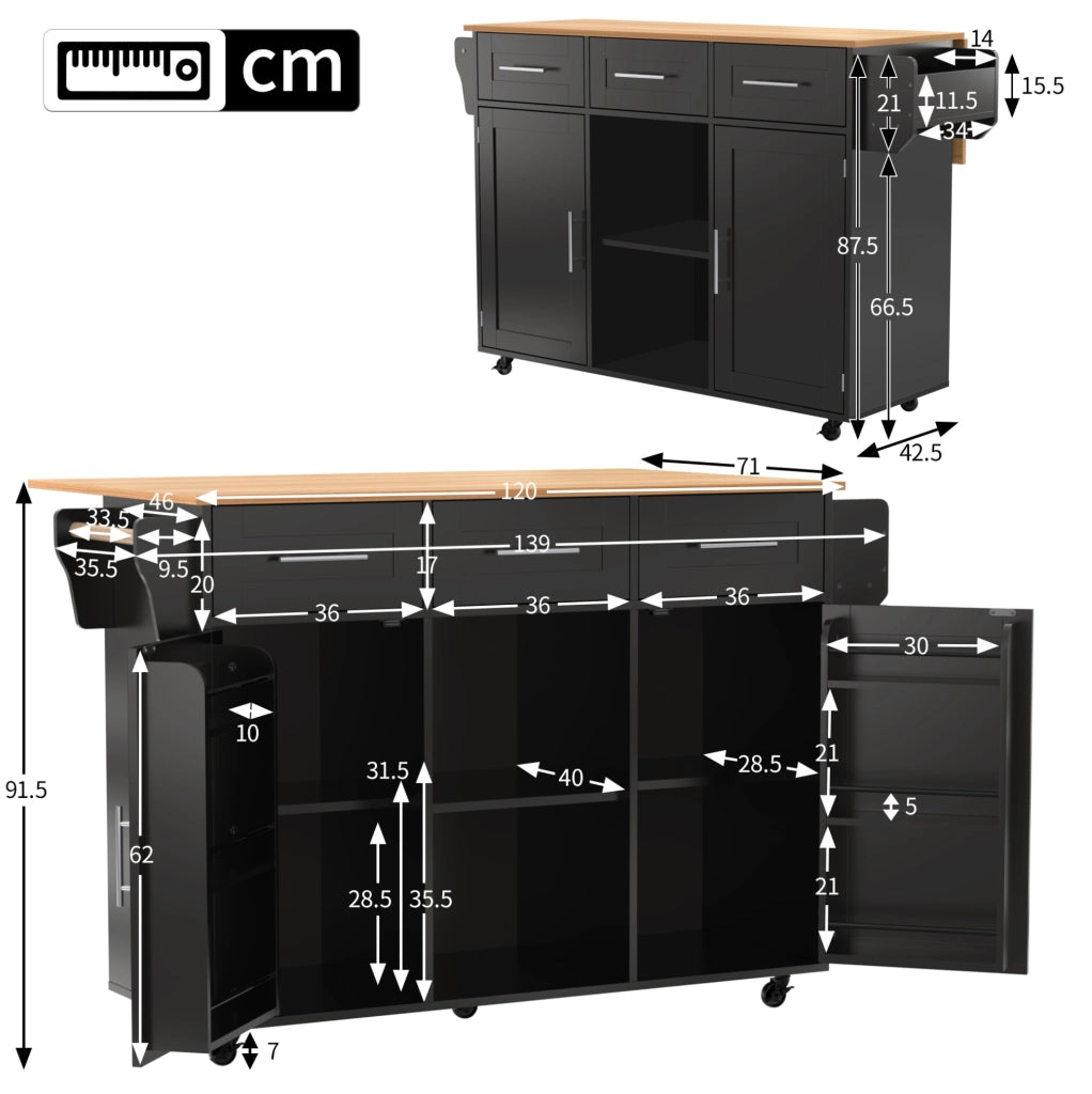 Carrello da cucina multifunzionale con piano ribaltabile 139x46(71)x91;5 cm; nero e naturale
