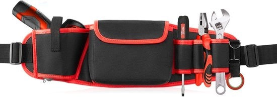 Tas da cintura regolabile - con 5 tasche - tas da cintura per elettricisti - contenitore per attrezzi - grande tasca da cintura - per attrezzi - tasca multifunzione - per elettricisti, carpentieri ed operai edili - 57*16 cm - rosso