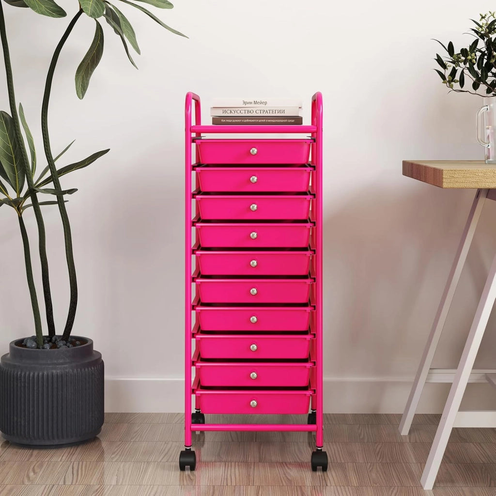 Carrello con 10 Cassetti da Stoccaggio, Cassettiera di Metallo e Plastica, Contenitore Multiuso con Ruote a Freno, per Casa e Ufficio (Rosa)