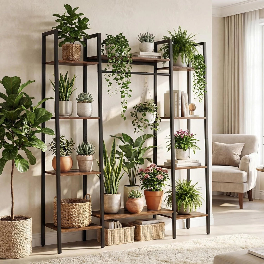 Scaffale Portapiante con Luci Regolabili, Scaffale Portavasi a 10 Ripiani con Telecomando e 4 Modalità d'Illuminazione, Portafiori da Interno ed Esterno in Legno e Metallo, Marrone