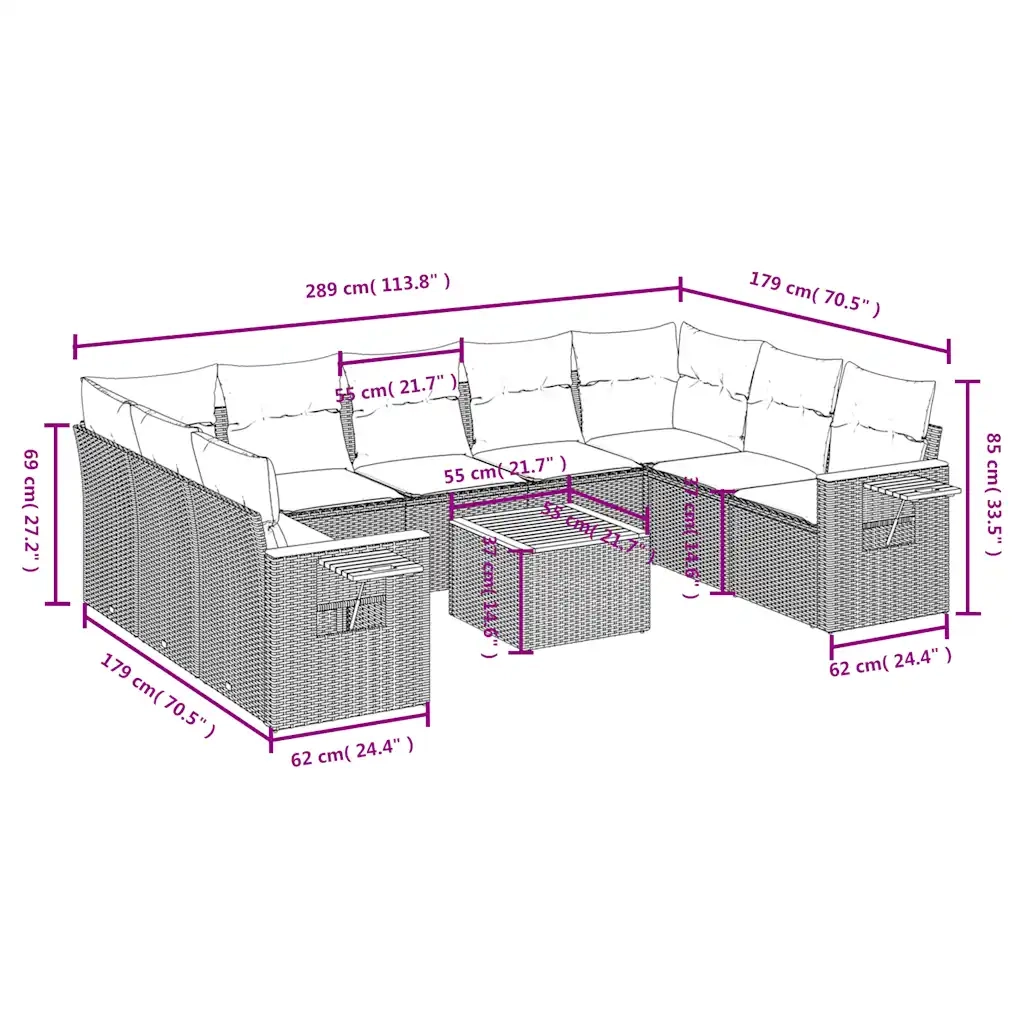Set Divani da Giardino 10 pz con Cuscini Grigio in Polyrattan