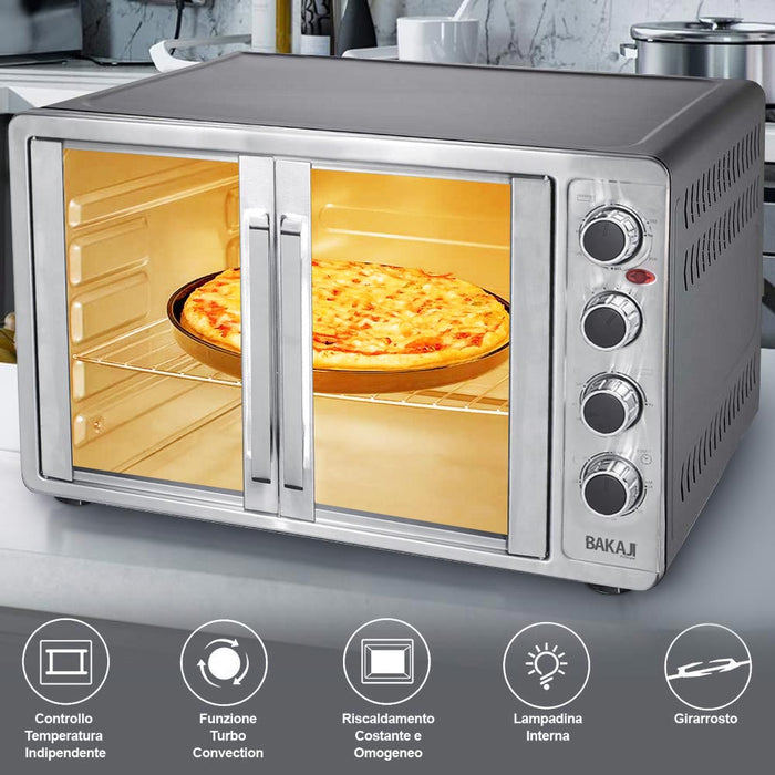 Forno Fornetto Elettrico Ventilato 55 lt 2200 W Luce Doppia Porta Girarrosto