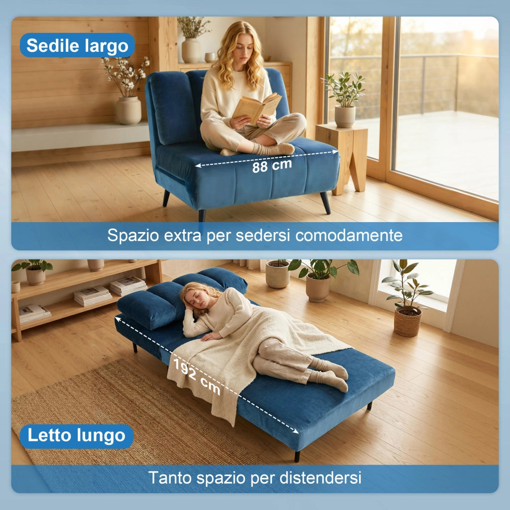 Poltrona Letto Pieghevole 88x92x88 cm Trasformabile con Schienale Regolabile in Velluto Blu