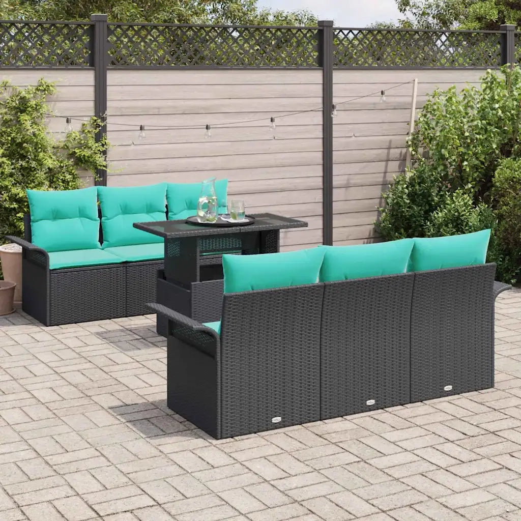 Set Divano da Giardino con cuscino 7 pcs Nero Poly Rattan