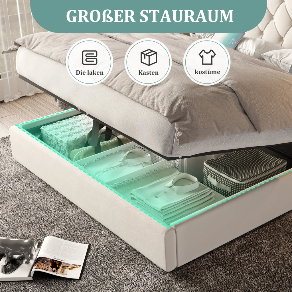 Letto Contenitore Letto Matrimoniale 180 x 200 cm con Luci da Lettura e USB; Beige