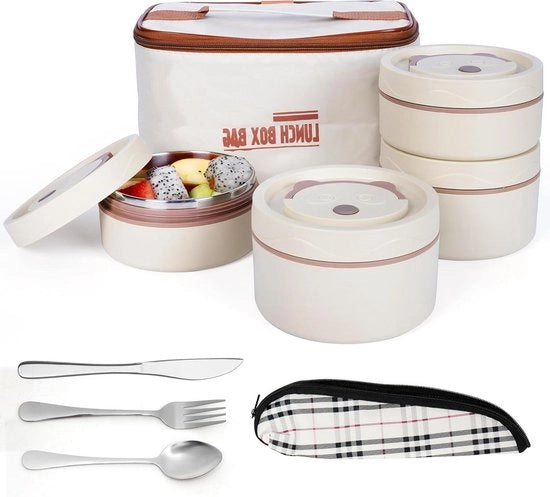Set di Picnic con Tazze Termiche e Utensili - 4 Scatole di Bento in Acciaio Inossidabile con Chiusura Ermetica - Set di Picnic per Adulti/Studenti - Beige.