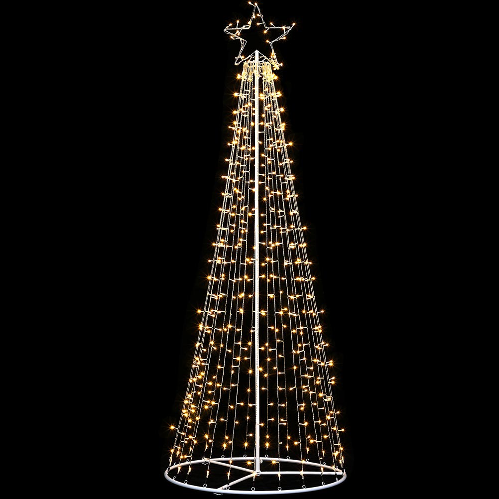 Albero Natale Luminoso 224cm 592 LED Bianco Caldo 8 Giochi Luce Metallo Esterno