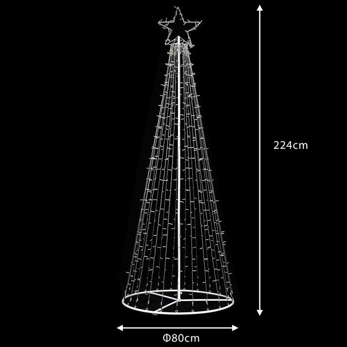 Albero Natale Luminoso 224cm 592 LED Bianco Caldo 8 Giochi Luce Metallo Esterno