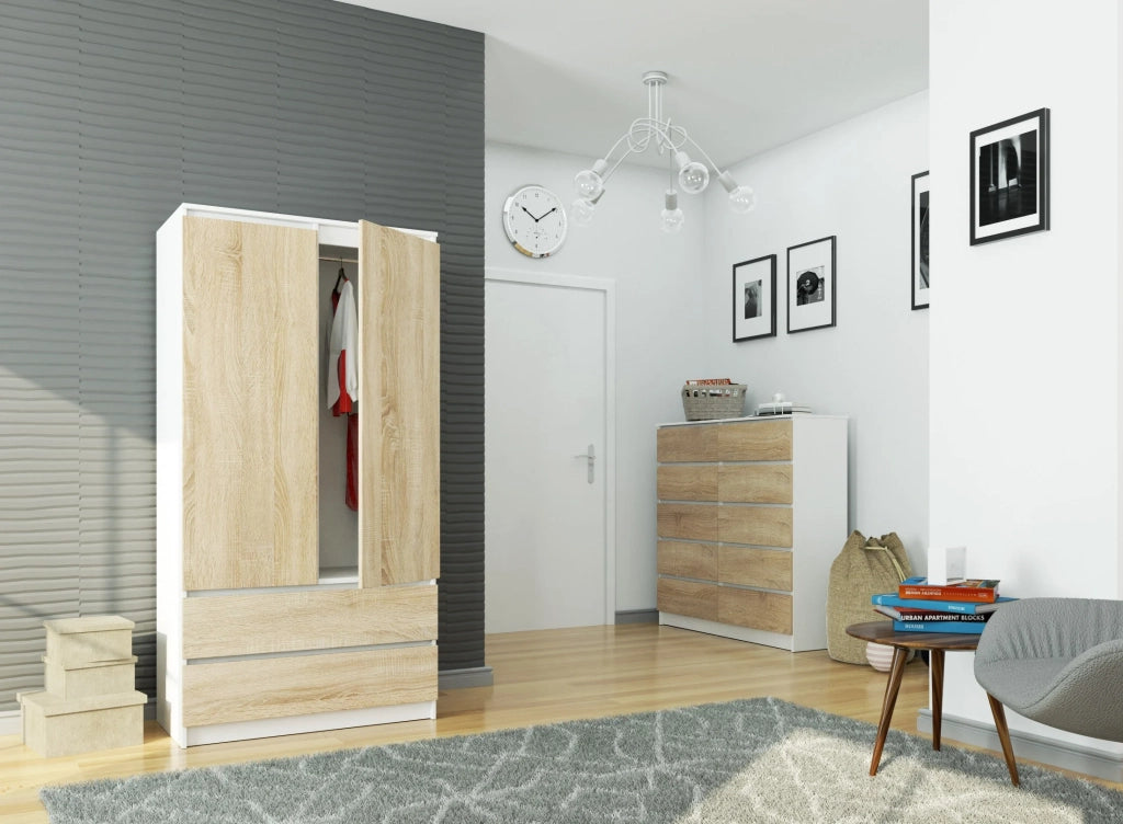 Armadio AKORD S90 Bianca 90 cm 2 ante 2 cassetti inserto frontale Sonoma Quercia 90x51x180 cm
